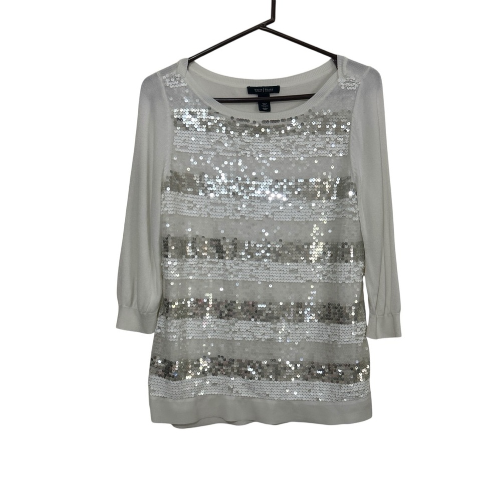 White House Black Market Sequin Striped 3/4 Sleeve Knit Top White Silver M